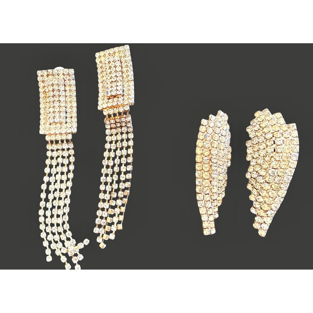 Vintage Rhinestone Clip On Earring Lot Waterfall Fringe‎ Statement Glam Silver
